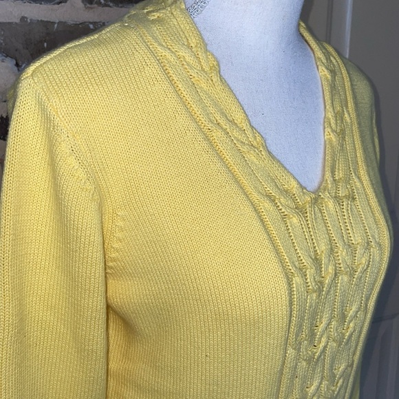 Orvis Butter Yellow Cable Knit Cotton Sweater Vintage Preppy Layering V-Neck SM - Picture 8 of 12